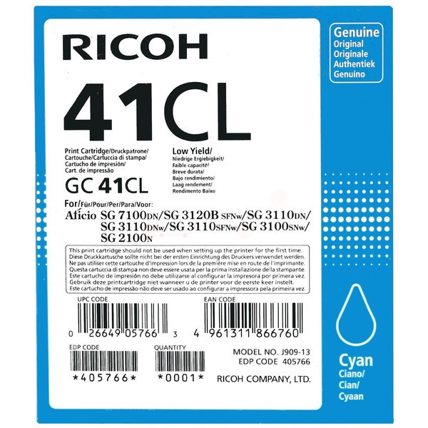 Ricoh 405766/GC-41CL Gelkartusche cyan, 600 Seiten ISO/IEC 24711