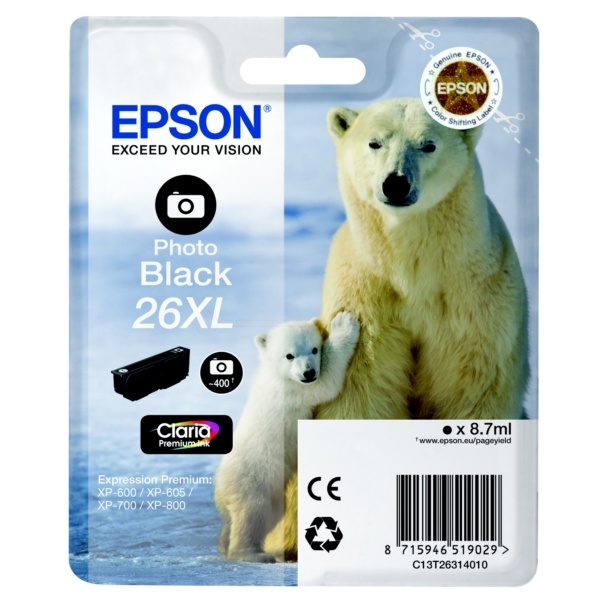 Epson C13T26314010/26XL Tintenpatrone schwarz foto High-Capacity XL, 400 Seiten 400 Fotos 8.7ml