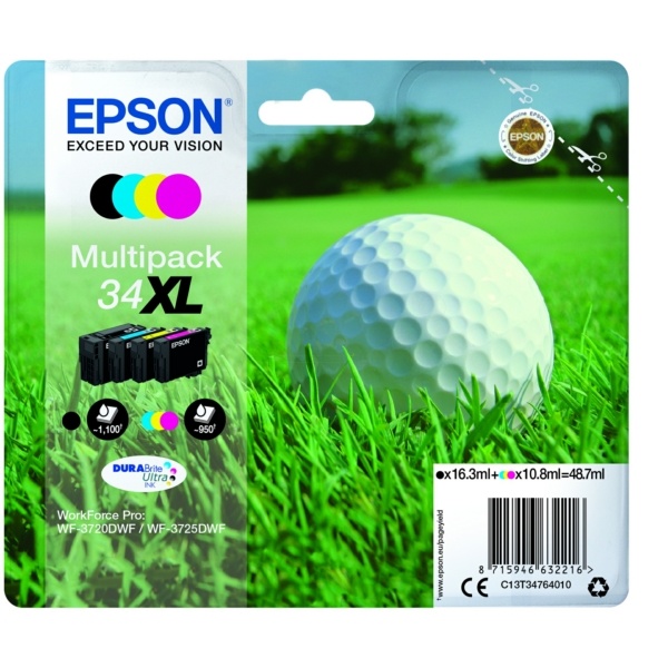 Epson C13T34764010/34XL Tintenpatrone MultiPack Bk,C,M,Y High-Capacity 16,3ml + 3x10,8ml VE=4