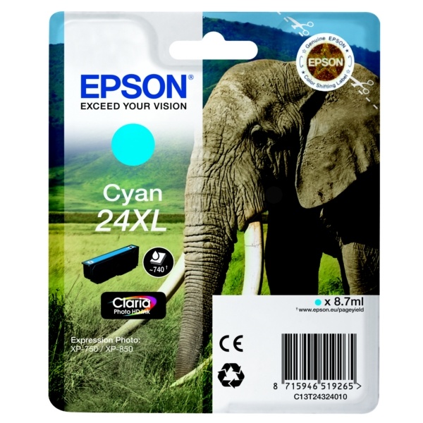 Epson C13T24324010/24XL Tintenpatrone cyan High-Capacity, 500 Seiten 8,7ml