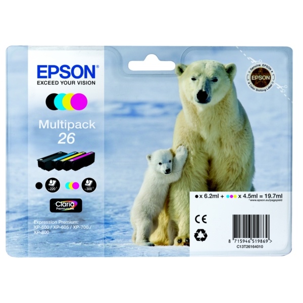 Epson C13T26164010/26 Tintenpatrone MultiPack Bk,C,M,Y 220pg + 3x300pg, 6ml + 3x5ml VE=4