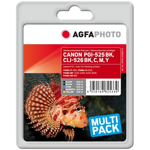 AgfaPhoto APCCLI526SETD Tintenpatrone MultiPack 2x Bk + 1x C,M,Y PGI+CLI 1x20ml + 4x10.5ml VE=5 (ersetzt Canon CLI-526)