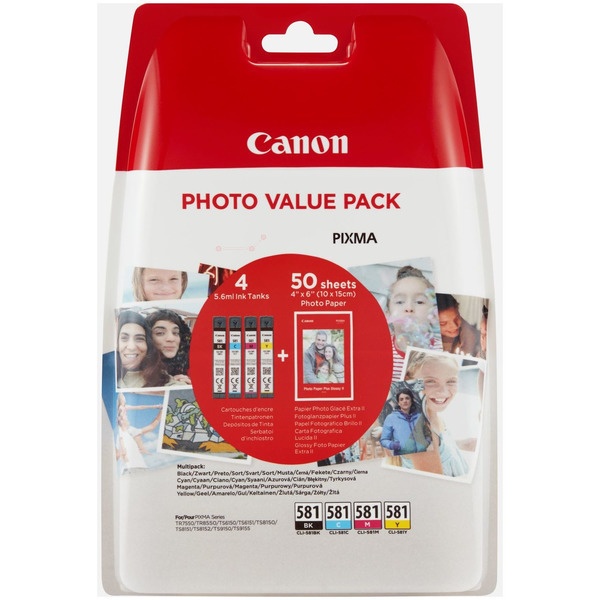 Canon 2106C006/CLI-581 Tintenpatrone MultiPack Bk,C,M,Y + Fotopapier 50 Blatt 10x15cm 5.6ml 1505/256/237/257 pg VE=4