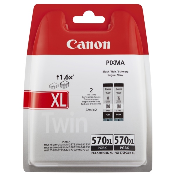 Canon 0318C007/PGI-570PGBKXL Tintenpatrone schwarz High-Capacity pigmentiert Doppelpack, 2x1.000 Seiten ISO/IEC 24711 22ml VE=2