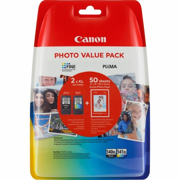 Canon 5222B013/PG-540XL+CL-541XL Druckkopfpatrone Multipack schwarz + color + Fotopapier 10x15cm 50 Blatt 600pg + 400pg, 21ml + 15ml VE=2