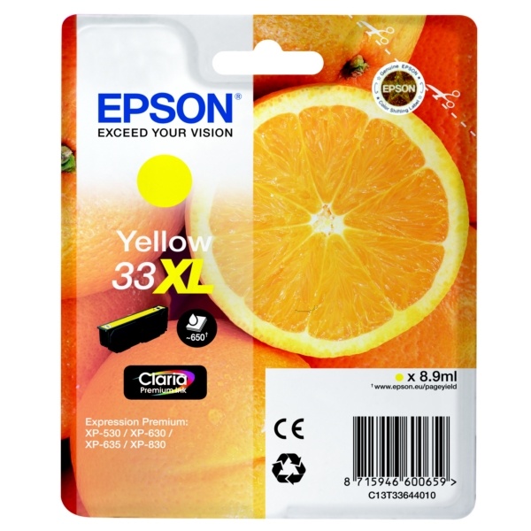 Epson C13T33644012/33XL Tintenpatrone gelb High-Capacity, 650 Seiten ISO/IEC 19752 8,9ml