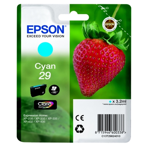 Epson C13T29824012/29 Tintenpatrone cyan, 180 Seiten ISO/IEC 19752 3,2ml