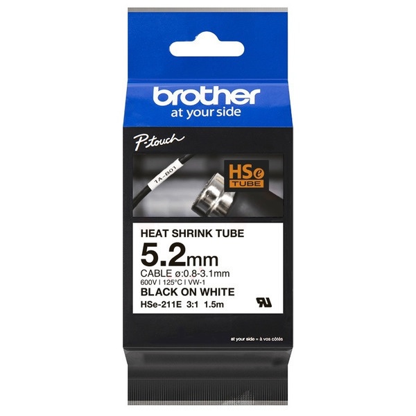 Brother HSE-211E Heissschrumpfschlauch schwarz auf weiss 5,2mm x 1,5m