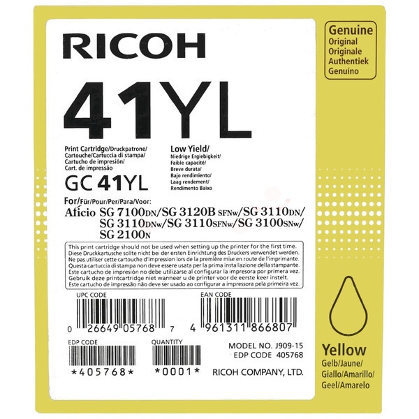 Ricoh 405768/GC-41YL Gelkartusche gelb, 600 Seiten ISO/IEC 24711 41ml