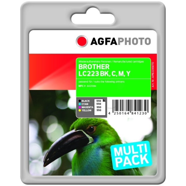 AgfaPhoto APB223SETD Tintenpatrone MultiPack Bk,C,M,Y, 4x550 Seiten 16ml + 3x10ml VE=4 (ersetzt Brother LC223VAL)