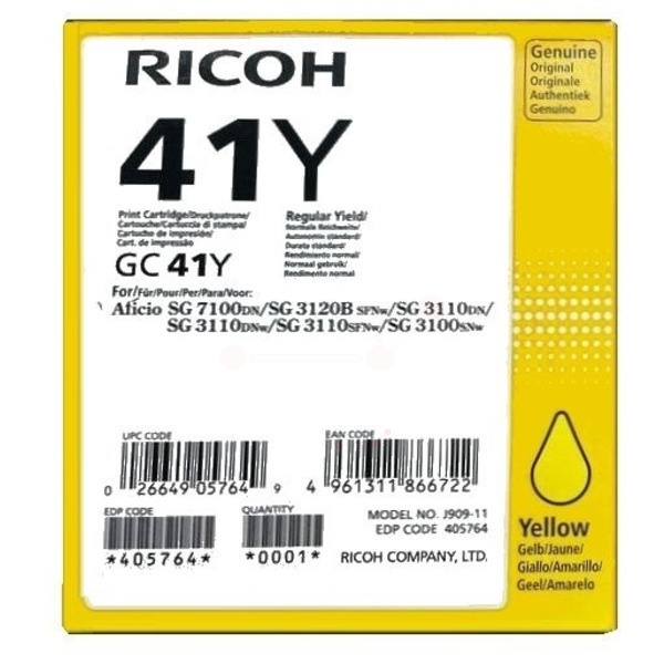 Ricoh 405764/GC-41Y Gelkartusche gelb, 2.200 Seiten ISO/IEC 24711