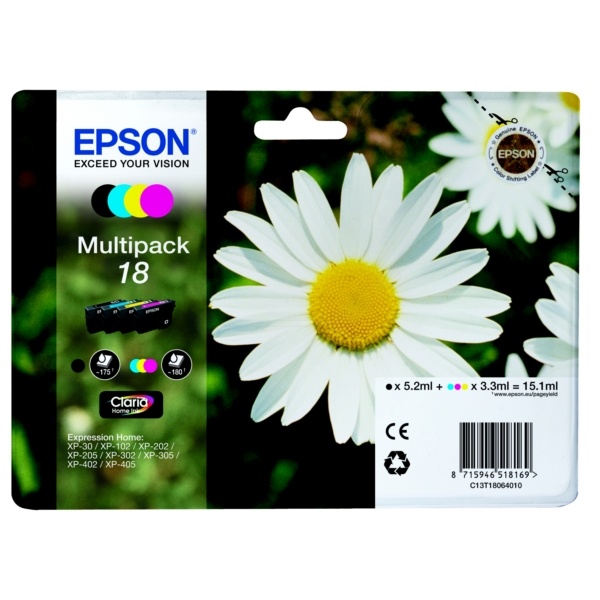 Epson C13T18064012/18 Tintenpatrone MultiPack Bk,C,M,Y 175pg + 3x180pg, 1x 5ml + 3x 3ml VE=4