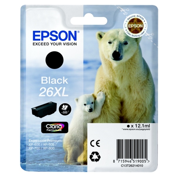 Epson C13T26214012/26XL Tintenpatrone schwarz High-Capacity XL, 500 Seiten 12,2ml