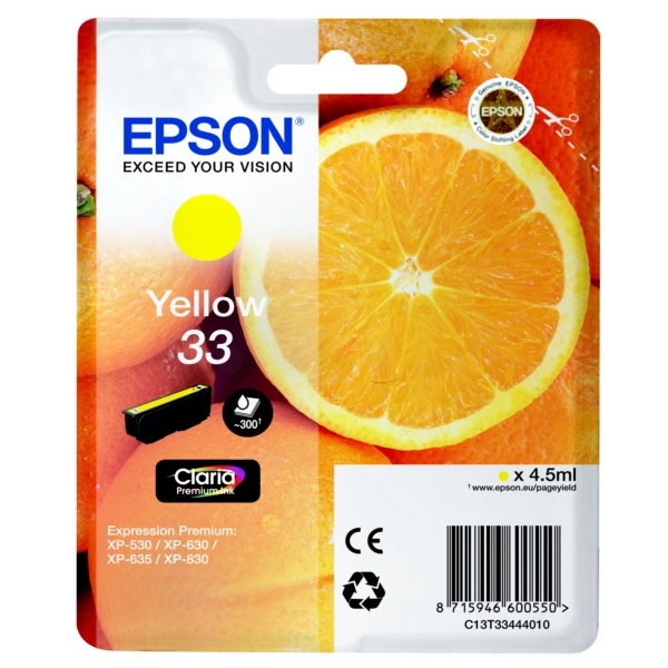 Epson C13T33444012/33 Tintenpatrone gelb, 300 Seiten ISO/IEC 19752 4,5ml