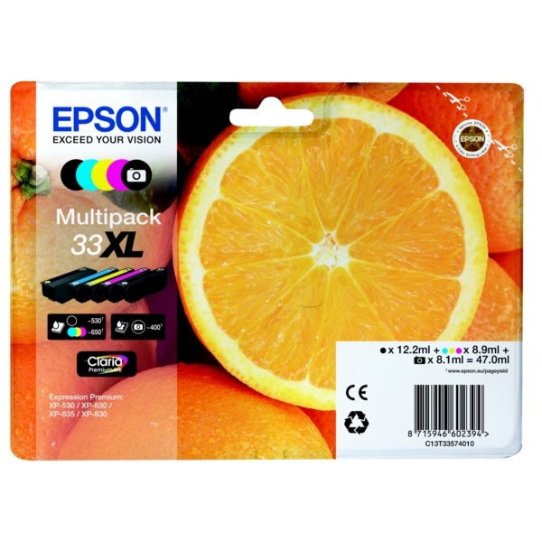 Epson C13T33574011/33XL Tintenpatrone MultiPack High-Capacity Bk,C,M,Y,PBK EasyMail 12,2ml+3x8,9ml+8,1ml VE=5