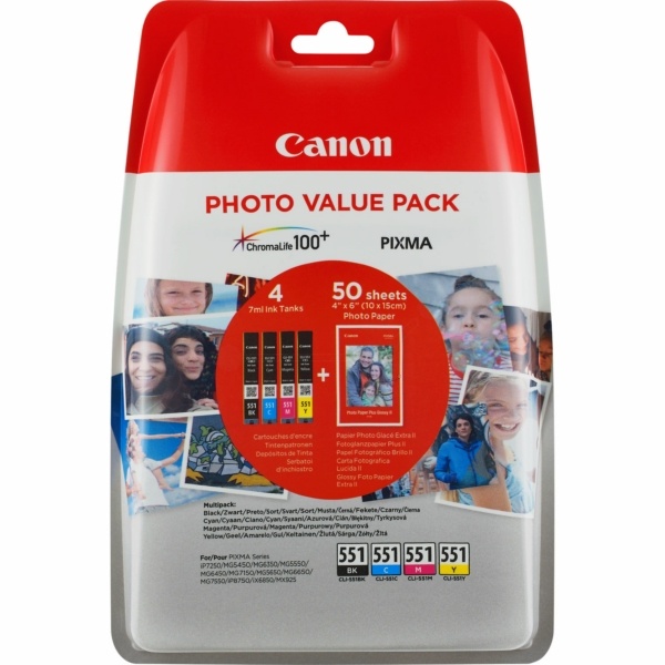 Canon 6508B005/CLI-551 Tintenpatrone MultiPack Bk,C,M,Y + Fotopapier 10x15cm 50 Blatt 7ml 1795/332/319/344 pg VE=4