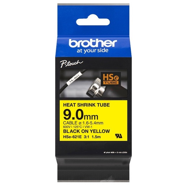 Brother HSE-621E Heissschrumpfschlauch schwarz auf gelb 9mm x 1,5m