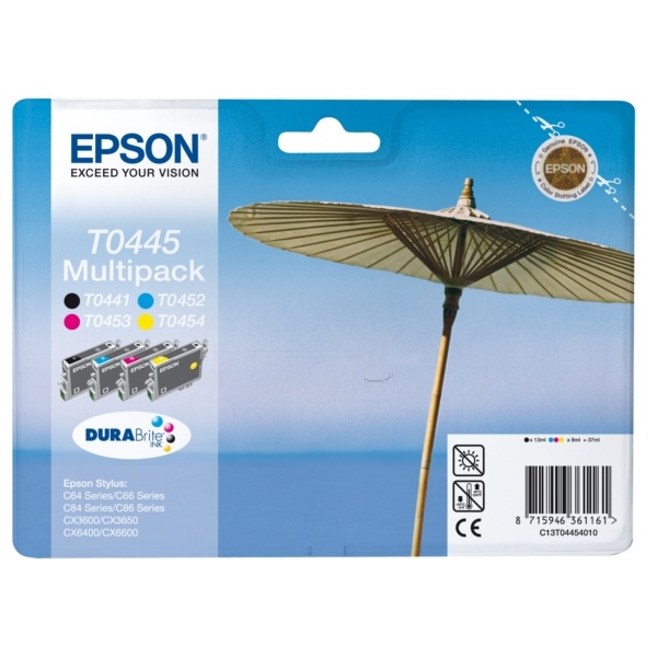 Epson C13T04454010/T0445 Tintenpatrone MultiPack Bk,C,M,Y 600pg + 3x250pg, 13ml+3x8ml VE=4