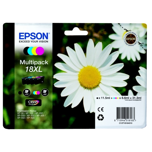 Epson C13T18164010/18XL Tintenpatrone MultiPack Bk,C,M,Y High-Capacity 470pg + 3x450pg, 1x 12ml + 3x 7ml VE=4