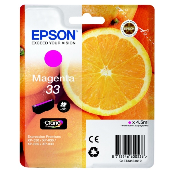 Epson C13T33434012/33 Tintenpatrone magenta, 300 Seiten ISO/IEC 19752 4,5ml