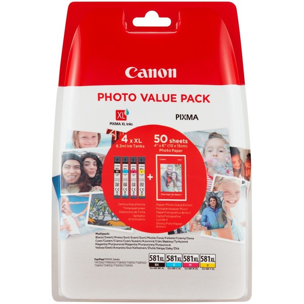 Canon 2052C006/CLI-581XL Tintenpatrone MultiPack Bk,C,M,Y High-Capacity + Fotopapier 50 Blatt VE=4