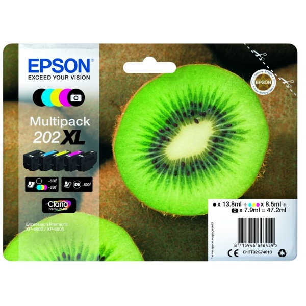 Epson C13T02G74010/202XL Tintenpatrone MultiPack High-Capacity Bk,PhBk,C,M,Y 13,8ml 7,9ml 3x8,5ml VE=5