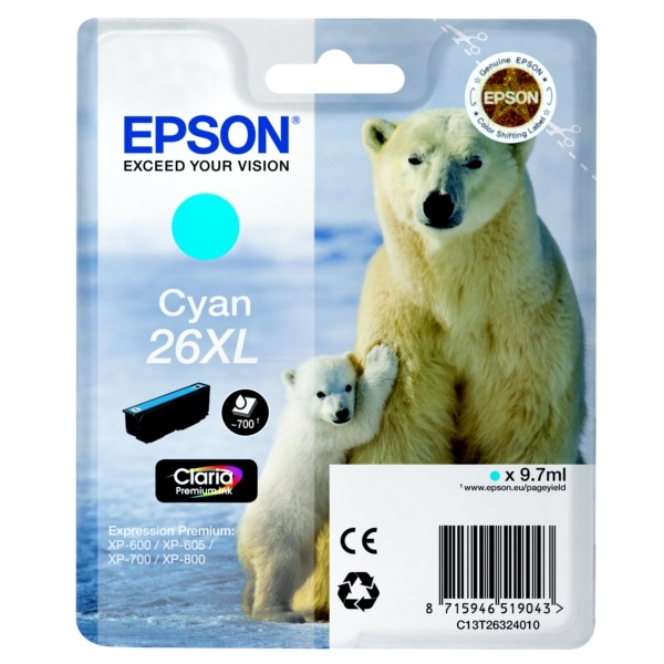 Epson C13T26324012/26XL Tintenpatrone cyan High-Capacity XL, 700 Seiten 9,7ml