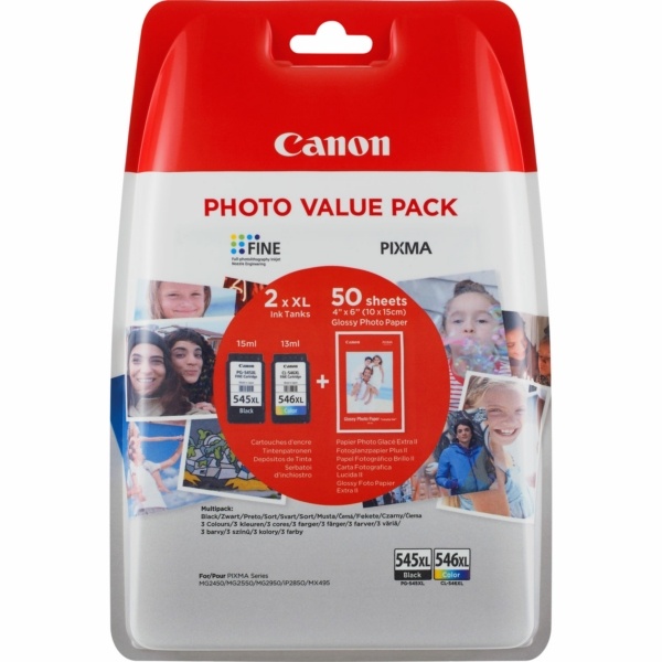 Canon 8286B006/PG-545XL+CL-546XL Druckkopfpatrone Multipack schwarz + color + Fotopapier 10x15cm 50 Blatt 15ml + 13ml VE=2