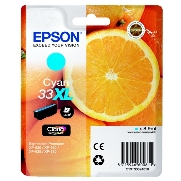 Epson C13T33624012/33XL Tintenpatrone cyan High-Capacity, 650 Seiten ISO/IEC 19752 8,9ml