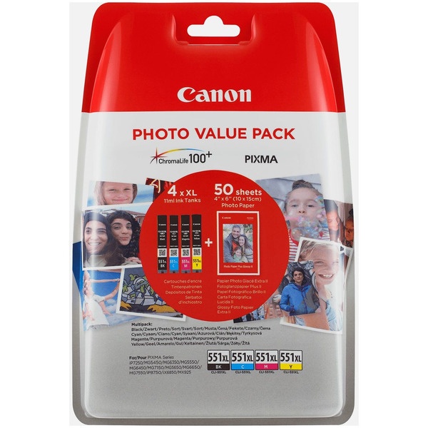 Canon 6443B008/CLI-551XL Tintenpatrone MultiPack High-Capacity CLI Bk,C,M,Y + Fotopapier PP-201 50 Blatt 5530pg + 3x695pg VE=4