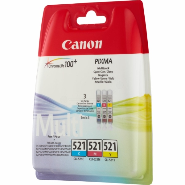 Canon 2934B015/CLI-521 Tintenpatrone MultiPack C,M,Y Blister, 3x446 Seiten ISO/IEC 24711 9ml VE=3