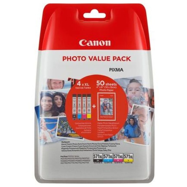 Canon 0332C006/CLI-571XL Tintenpatrone MultiPack Bk,C,M,Y High-Capacity + Fotopapier 50 Blatt 11ml VE=4