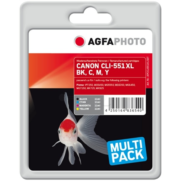 AgfaPhoto APCCLI551XLSET Tintenpatrone MultiPack Bk,C,M,Y, 4x970 Seiten 11ml VE=4 (ersetzt Canon CLI-551BKXL CLI-551CXL CLI-551MXL CLI-551YXL)