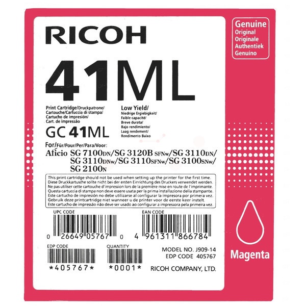 Ricoh 405767/GC-41ML Gelkartusche magenta, 600 Seiten ISO/IEC 24711 41ml