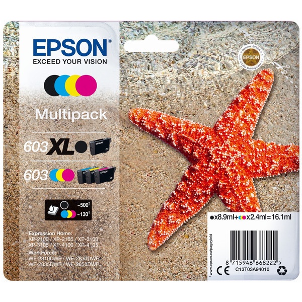 Epson C13T03A94010/603XL/603 Tintenpatrone MultiPack Bk,C,M,Y 8,9ml + 3x2,4ml VE=4