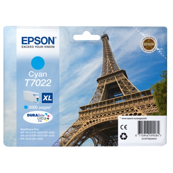 Epson C13T70224010/T7022 Tintenpatrone cyan XL, 2.000 Seiten ISO/IEC 24711 21.3ml