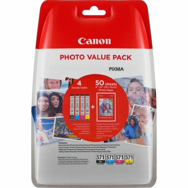 Canon 0386C008/CLI-571 Tintenpatrone MultiPack Bk,C,M,Y + Fotopapier 10x15cm 50 Blatt Blister 7ml VE=4