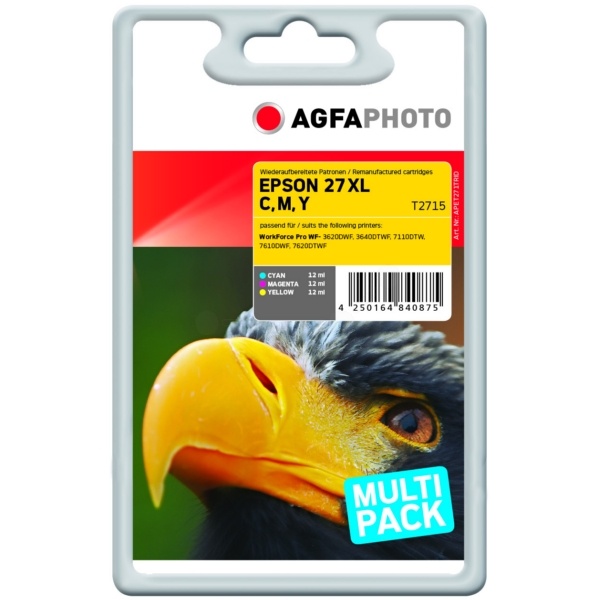 AgfaPhoto APET271TRID Tintenpatrone MultiPack C,M,Y, 3x1.100 Seiten 12ml VE=3 (ersetzt Epson 27XL)