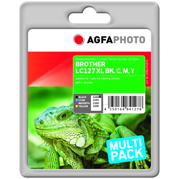 AgfaPhoto APB127SETD Tintenpatrone MultiPack Bk,C,M,Y, 4x1.200 Seiten 28ml + 3x16ml VE=4 (ersetzt Brother LC125XLC LC125XLM LC125XLY LC127XLBK LC127XLVALBP)