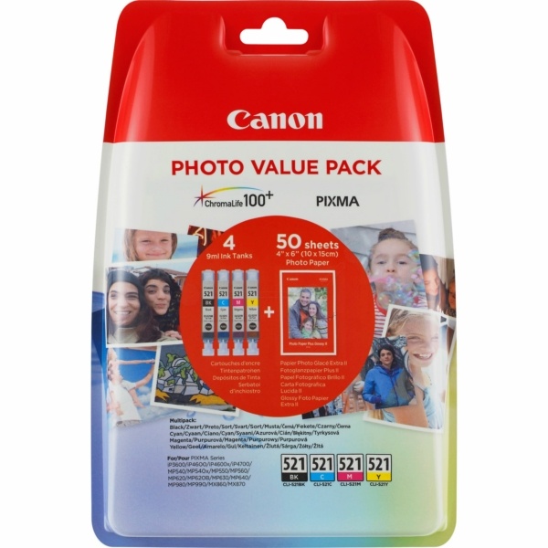 Canon 2933B010/CLI-521 Tintenpatrone MultiPack C,M,Y + Fotopapier 10x15cm 50 Blatt, 3x446 Seiten ISO/IEC 24711 9ml VE=3