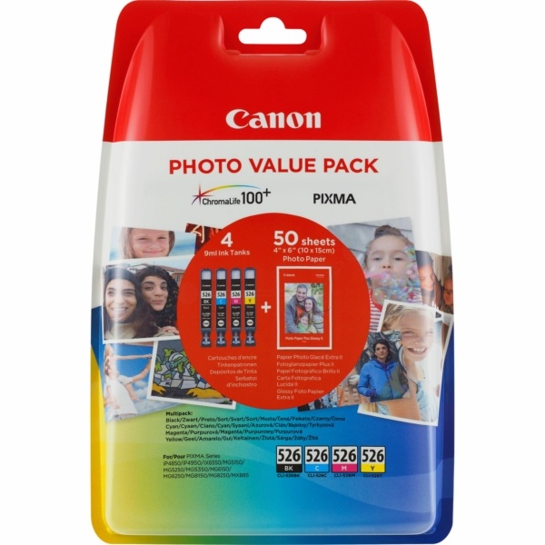 Canon 4540B019/CLI-526 Tintenpatrone MultiPack Bk,C,M,Y + Fotopapier 10x15cm 50 Blatt Blister, 4x450 Seiten 9ml VE=4