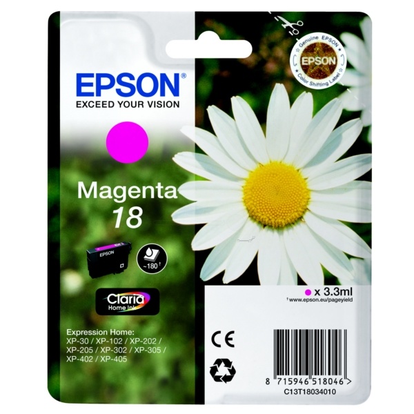 Epson C13T18034012/18 Tintenpatrone magenta, 180 Seiten ISO/IEC 19752 3ml