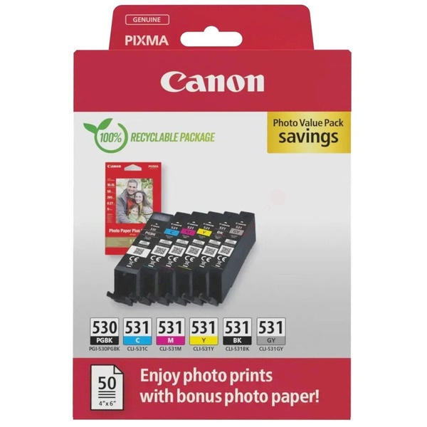 Canon 6117C004/PGI-530/CLI531 Tintenpatrone MultiPack 1xPGI + 5x CLI Bk,C,M,Y,GY + Fotopapier PP-201 18,5ml + 5x 8,2ml VE=6