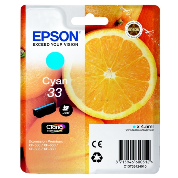 Epson C13T33424012/33 Tintenpatrone cyan, 300 Seiten ISO/IEC 19752 4,5ml