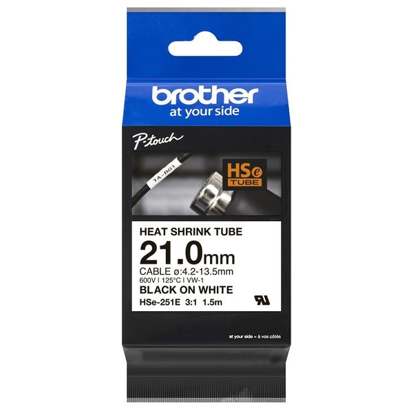 Brother HSE-251E Heissschrumpfschlauch schwarz auf weiss 21mm x 1,5m