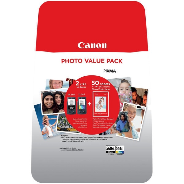 Canon 3712C008/PG-560XL+CL-561XL Druckkopfpatrone Multipack schwarz + color +50 Blatt Fotopapier 14,3ml + 12,2ml VE=2