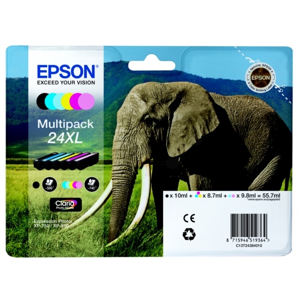 Epson C13T24384010/24XL Tintenpatrone MultiPack Bk,C,M,Y,LC,LM High-Capacity, 6x740 Seiten 500pg + 5x740 pg, 1x10ml + 3x9ml + 2x10ml VE=6